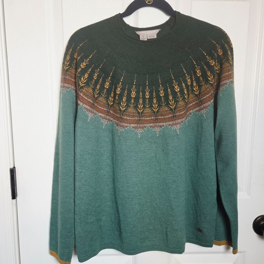 Royal Robbins Sweater Womens Large Green Westlands Fair Isle Merino Crew Knit